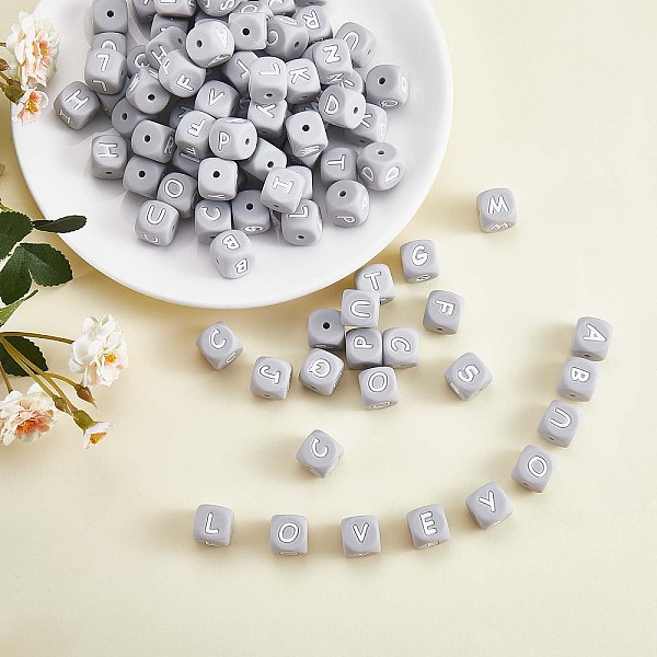 

PandaHall 20Pcs Grey Cube Letter Silicone Beads 12x12x12mm Square Dice Alphabet Beads with 2mm Hole Spacer Loose Letter Beads for Bracelet...