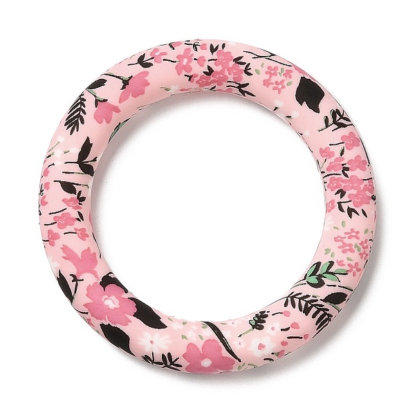 

PandaHall Food Grade Eco-Friendly Silicone Pendants, Ring with Flower Pattern, Pink, 65x10mm, Hole: 4mm Silicone Ring Pink