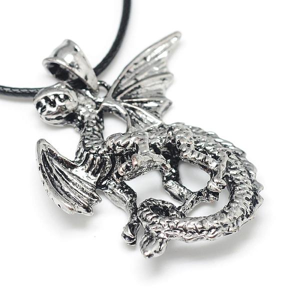 

PandaHall Alloy Pendant Necklaces, with Waxed Cord and Iron End Chains, Dragon, Antique Silver, 17.3 inch(44cm) Alloy