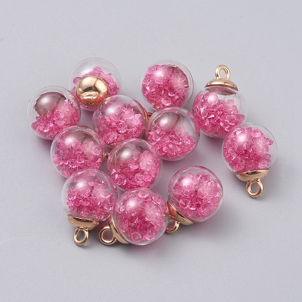 

PandaHall Transparent Glass Globe Pendants, with Resin Rhinestone inside & CCB Plastic Pendant Bails, Round, Light Gold, Magenta, 22x16mm..., Pink