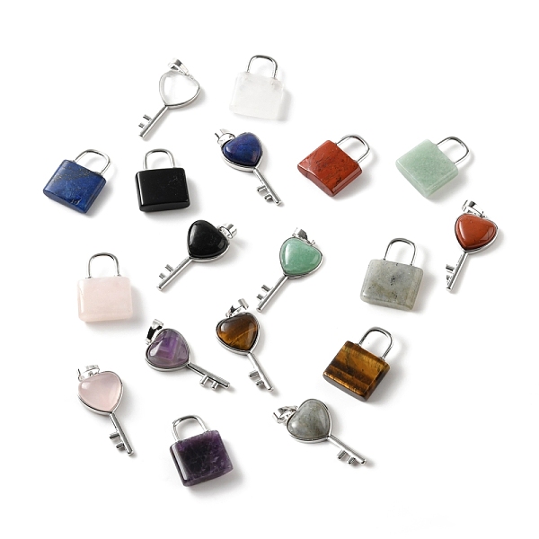 

PandaHall Natural Mixed Gemstone Pendants, with Platinum Tone Brass Findings, Key & Lock, 27~36.5x17~19.5x6.5~7mm, Hole: 8~9x5~9mm Mixed...