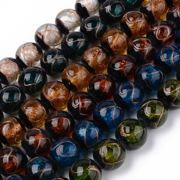 

PandaHall Handmade Gold Sand Lampwork Beads, Round with Infinity Pattern, Mixed Color, 18~19x18~19mm, Hole: 2mm, about 20pcs/strand, 14.57..., Multicolor
