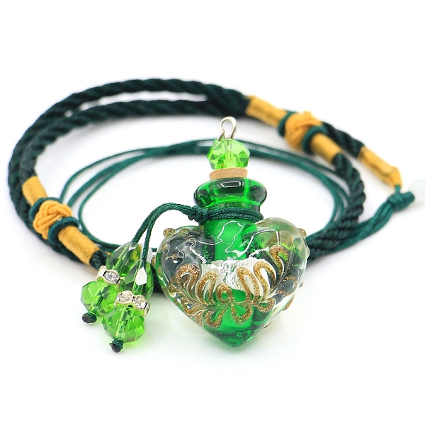 

PandaHall Baroque Style Heart Handmade Lampwork Perfume Essence Bottle Pendant Necklace, Adjustable Braided Cord Necklace, Sweater Necklace..., Green