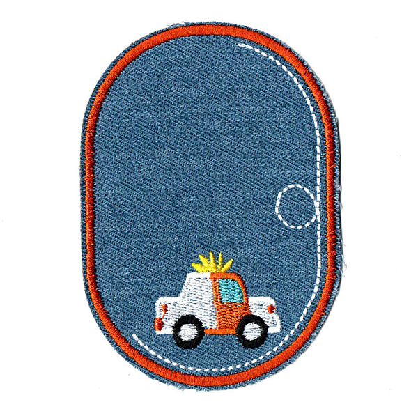 PandaHall Computerized Embroidery Cloth Iron on/Sew on Patches, Costume Accessories, Oval with Car, Steel Blue, 11.2x7.9cm Cloth Oval Blue