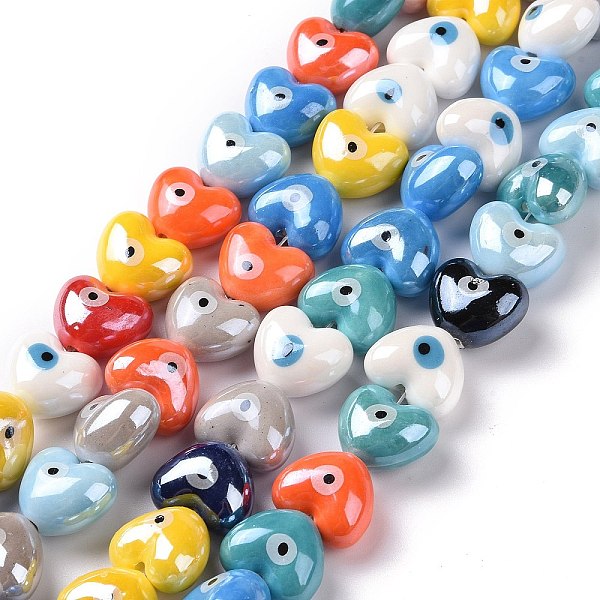 

PandaHall Handmade Porcelain Beads Strands, Pearlized, Heart with Evil Eye, Mixed Color, 16.5x14x10mm, Hole: 1.8mm, about 23pcs/strand..., Multicolor