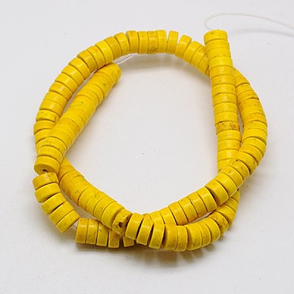 

PandaHall Synthetic Turquoise Beads Strands, Heishi Beads, Dyed, Flat Round/Disc, Gold, 4x2mm, Hole: 1mm, about 170pcs/strand, 16 inch...