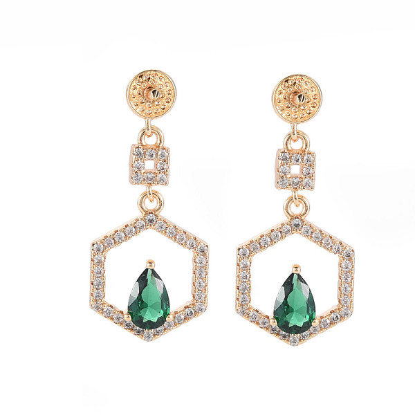 

PandaHall Brass Micro Pave Cubic Zirconia Stud Earring Findings, for Half Drilled Beads, Nickel Free, Pad Lock with Hexagon, Real 18K Gold..., Green