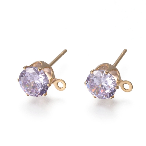 

PandaHall Brass Stud Earring Findings, with 316 Surgical Stainless Steel Pin, Cubic Zirconia and Loop, Long-Lasting Plated, Flat Round, Real..., Purple