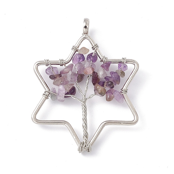 

PandaHall Star Natural Amethyst Copper Wire Wrapped Chip Big Pendants, Tree of Life Charm, with Platinum Tone Iron Findings, 59x46x8mm, Hole...