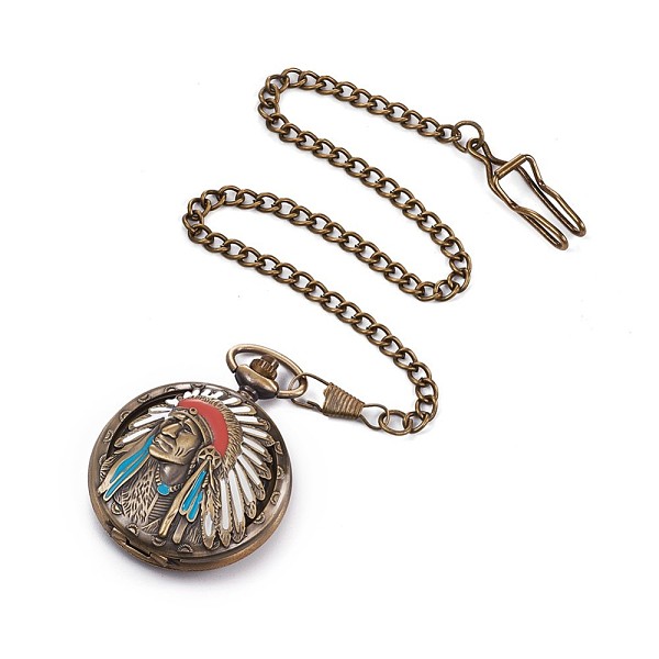 

PandaHall Alloy Enamel Quartz Pocket Watches, with Iron Chains, Flat Round with Indians, Antique Bronze, 16.5 inch(42cm) Alloy
