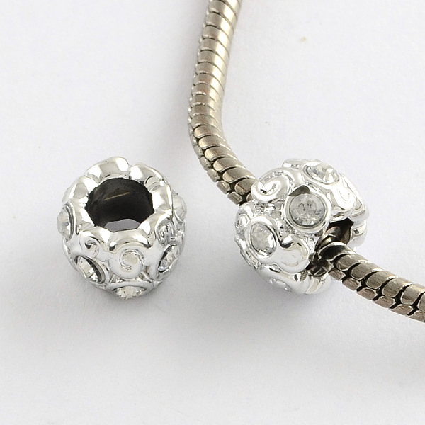 

PandaHall Alloy Rhinestone Rondelle Large Hole Beads, Silver Color Plated, Crystal, 11.5x8mm, Hole: 5~5.5mm Alloy+Rhinestone Rondelle Clear