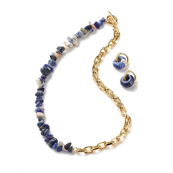 

PandaHall Natural Sodalite Chip Beads Jewelry Set, Gemstone Beaded Necklace and Drop Huggie Hoop Earrings for Women, Light Gold, 16.73 inch...