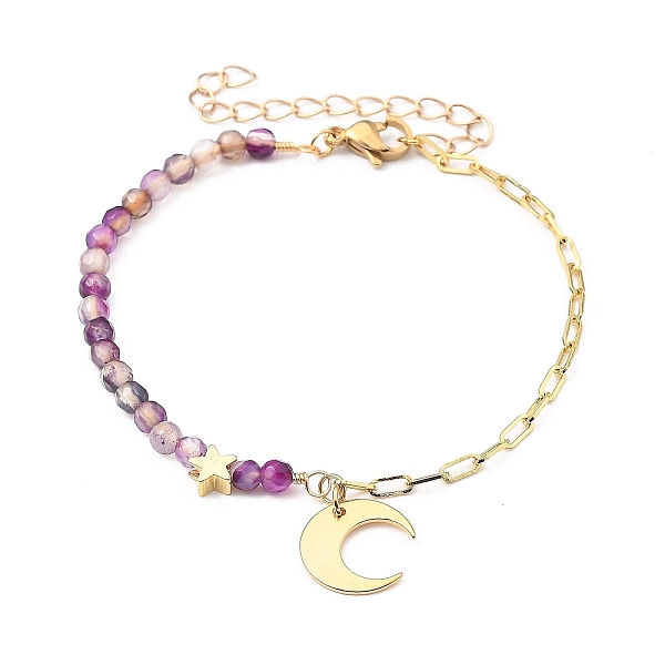 

PandaHall Brass Charm Bracelets, with Dyed Natural Agate Beads and 304 Stainless Steel Lobster Claw Clasps, Moon, Golden, Indigo, 7-7/8 inch..., Purple