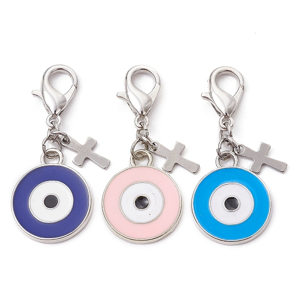 

PandaHall Alloy Enamel Pendant Decoration, with Alloy Clasp, Flat Round with Evil Eyes, Mixed Color, 42mm, 3pcs/set Alloy+Enamel Evil Eye