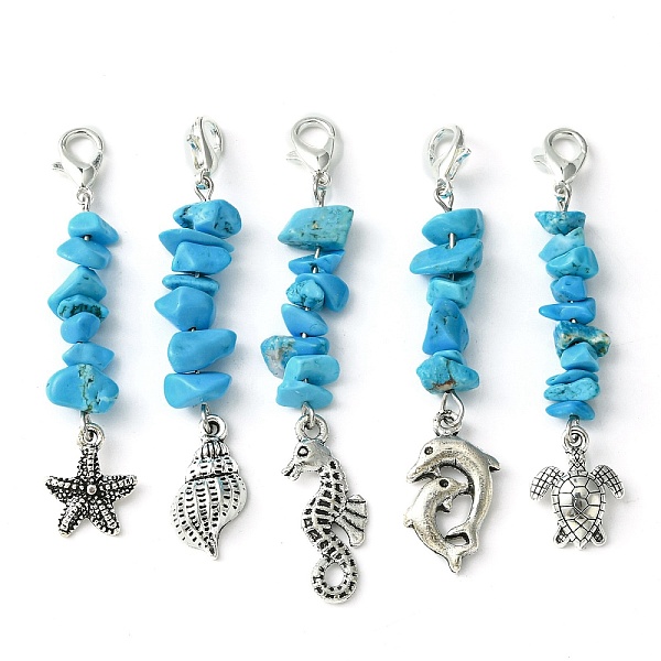 

PandaHall Synthetic Turquoise Chip Pendant Decorations, with Alloy Charms and Lobster Claw Clasps, Mixed Shapes, Antique Silver, 58~68mm...