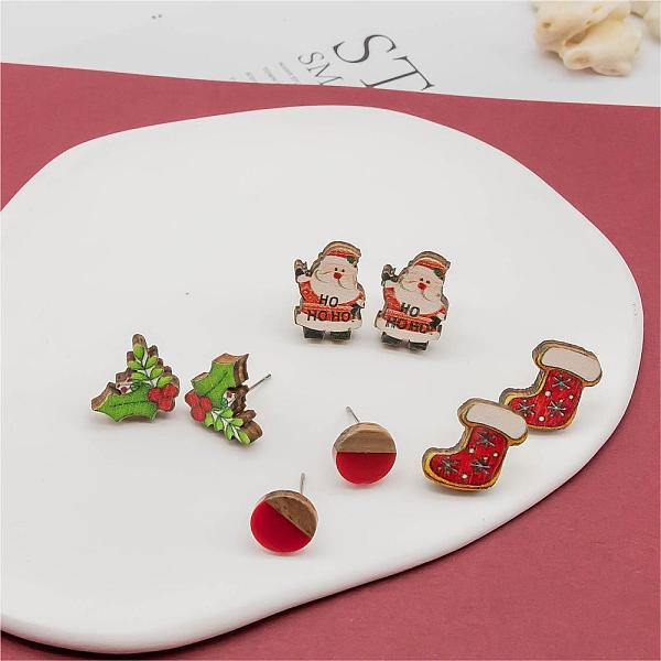 

PandaHall 4 Pairs Santa Claus & Holly Leaves & Christmas Socking Printed Wood Stud Earrings, Flat Round Wood & Resin Earring, Mixed Color..., Multicolor