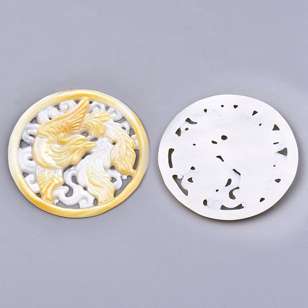 

PandaHall Natural Yellow Shell Cabochons, Flat Round with Phoenix, 34~35x2mm Yellow Shell Flat Round
