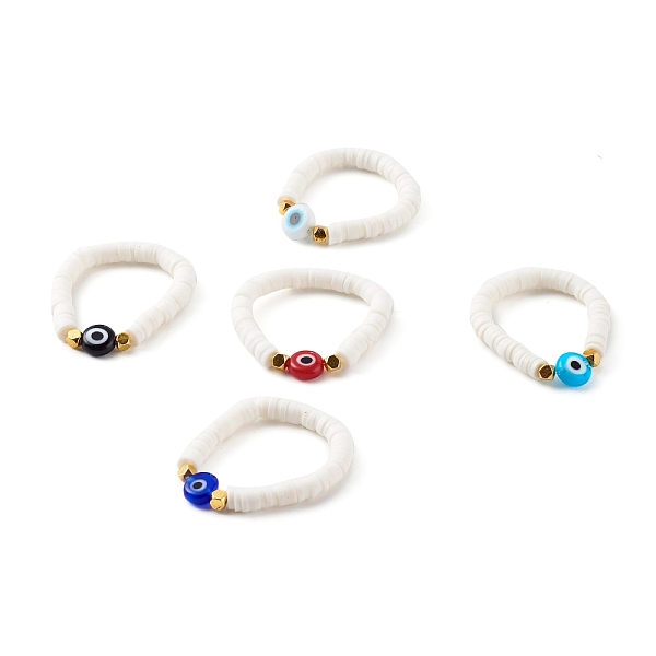 

PandaHall Polymer Clay Heishi Beaded Stretch Rings, with Non-magnetic Synthetic Hematite Beads and Evil Eye Lampwork Beads, Golden, Mixed..., Multicolor