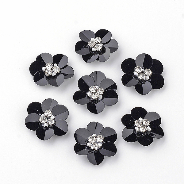 

PandaHall Handmade Paillette Ornament Accessories, with Rhinestones and Fabrics Pads, Flower, Black, 24~25x22~23x7mm Plastic Flower Black
