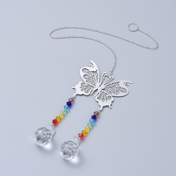 

PandaHall Crystals Chandelier Suncatchers Prisms Chakra Hanging Pendant, with Iron Cable Chains, Glass Beads and Brass Pendants, Butterfly..., Clear