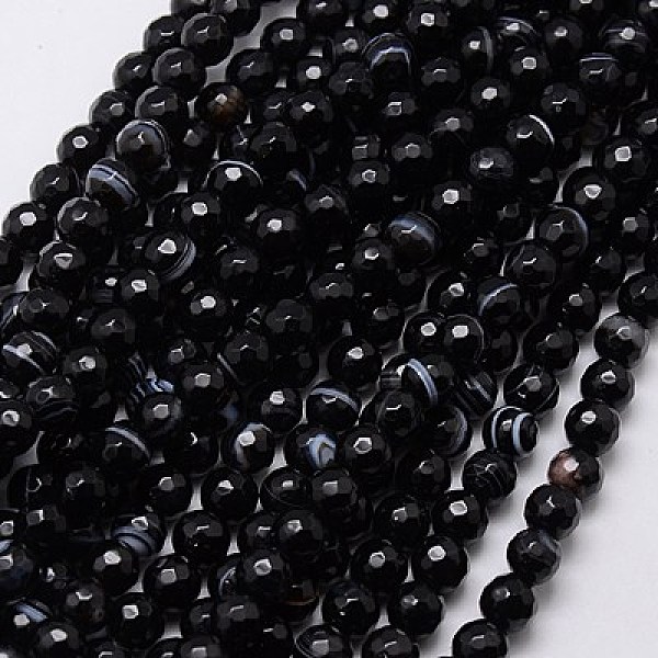 

PandaHall Natural Black Striped Agate/Banded Agate Beads Strands, Faceted, Dyed, Round, Black, 6mm, Hole: 1mm, about 62pcs/strand, 15 inch...