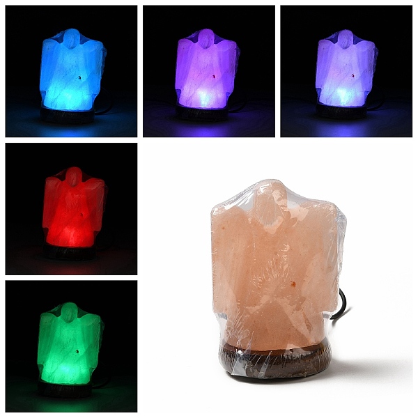 PandaHall USB Natural Himalayan Rock Salt Lamp, with Multi-Color Changing Bulb(200W), Wood Base, Angel, 79x73x121mm Himalayan Salt Angel &...