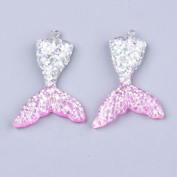 PandaHall Resin Pendants, with Glitter Powder and Iron Findings, Mermaid Tail Shape, Platinum, Colorful, 46x30x6mm, Hole: 2mm Iron+Resin...