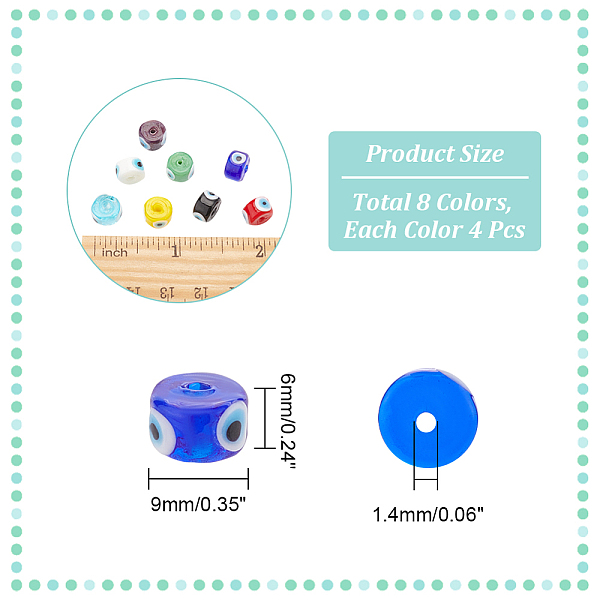 

PandaHall 32Pcs 8 Colors Handmade Evil Eye Lampwork Beads, Flat Round, Mixed Color, 9x6mm, Hole: 1.4mm, 4pcs/color Lampwork Flat Round..., Multicolor