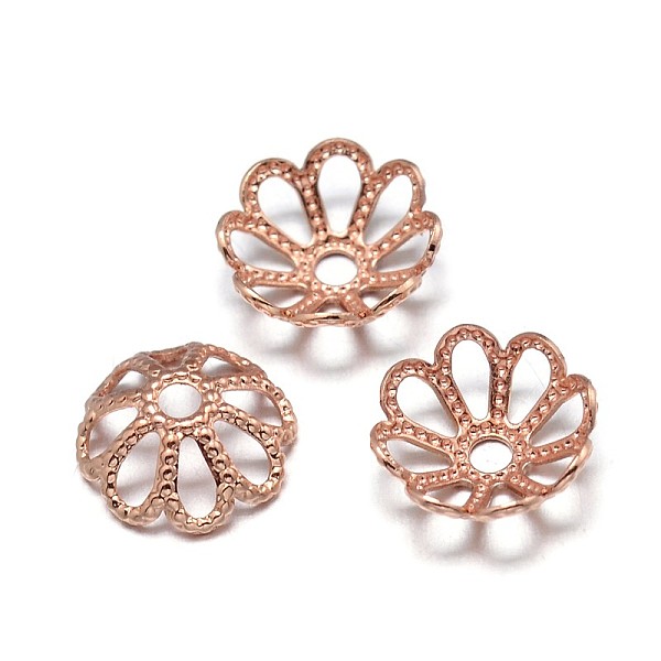 

PandaHall Multi-Petal Brass Fancy Bead Caps, Cadmium Free & Nickel Free & Lead Free, Flower, Rose Gold, 8x3mm, Hole: 1.5mm Brass