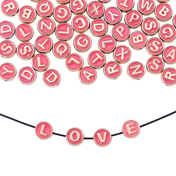 

PandaHall Alloy Enamel Beads, Flat Round with Letter, Light Gold, Hot Pink, 8x3.5mm, Hole: 1.4mm, 50pcs/box Alloy+Enamel Flat Round