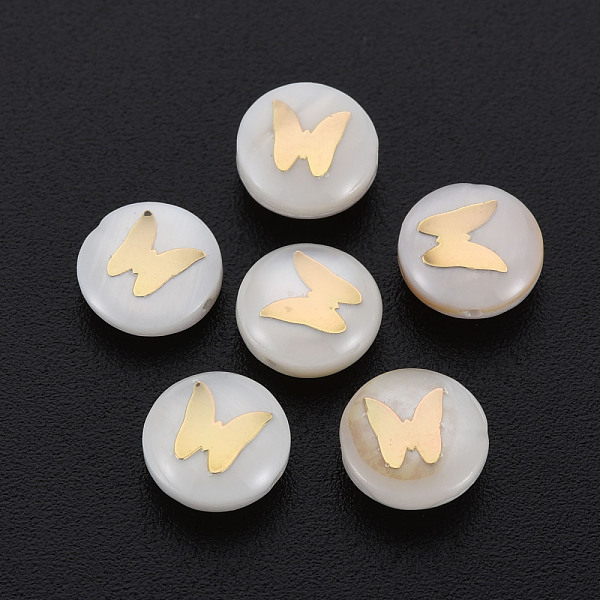 

PandaHall Natural Freshwater Shell Beads, with Golden Plated Brass Metal Embellishments, Flat Round with Butterfly, Seashell Color, 8x3.5mm...