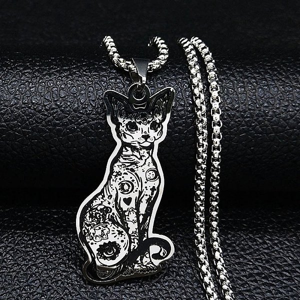 

PandaHall 304 Stainless Steel Enamel Sphynx Cat Pendant Necklaces, Box Chains Necklaces for Women Men, Stainless Steel Color, 19.53 inch..., Black
