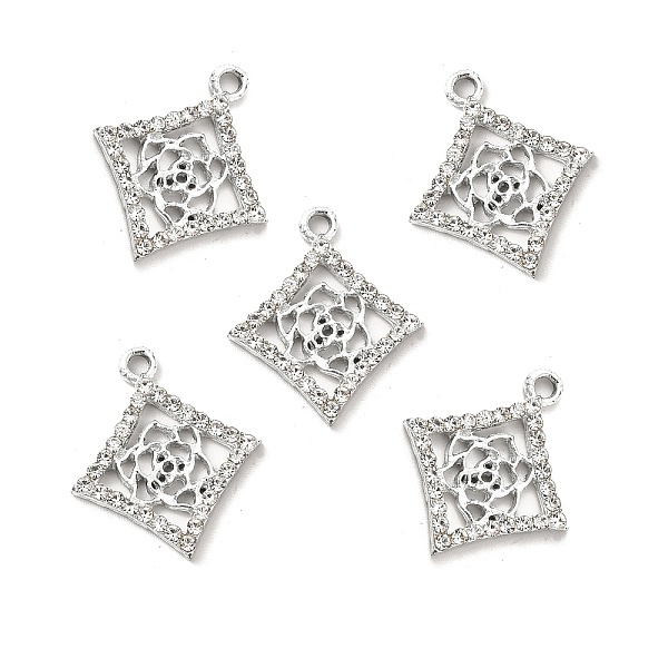 

PandaHall Alloy Rhinestone Pendants, Platinum Tone Rhombus with Hollow Out Rose Charms, Crystal, 22.5x19.5x2.2mm, Hole: 1.8mm..., Clear