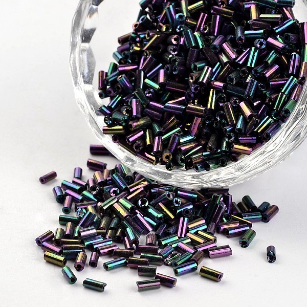 

PandaHall Tube Iris Round Hole Glass Bugle Beads, Multi-color Plated, 3~5x1.8~2mm, Hole: 0.8mm, about 1200pcs/50g Glass