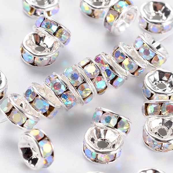 

PandaHall Brass Rhinestone Spacer Beads, Beads, Grade A, White with AB Color, Clear AB, Silver Color Plated, Nickel Free, Size: about 6mm in...