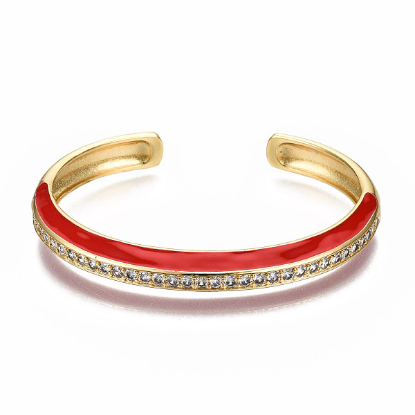 

PandaHall Brass Micro Pave Clear Cubic Zirconia Cuff Bangles, with Enamel, Nickel Free, Real 16K Gold Plated, FireBrick, Inner Diameter..., Red