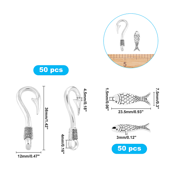 

PandaHall Tibetan Style Zinc Alloy Pendants, Fish and Hooks, Antique Silver, 23.5x7.5x3mm, 36x12x4.5mm, 100pcs/box Alloy Fish