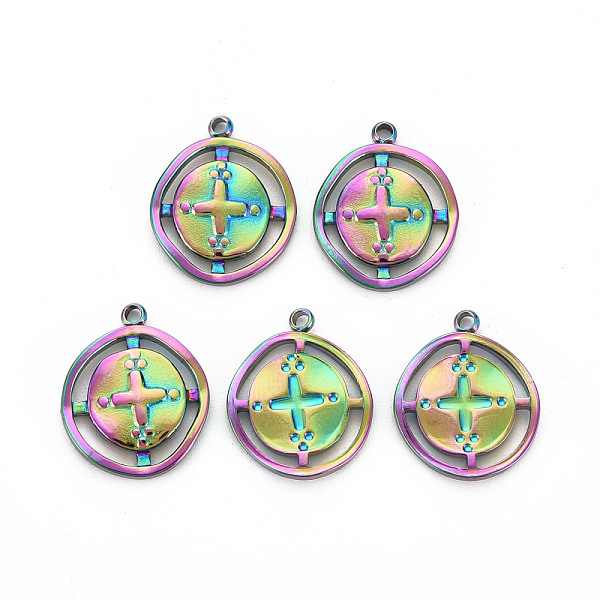 

PandaHall 201 Stainless Steel Pendants, Hollow, Flat Round with Cross, Rainbow Color, 17x13.5x2mm, Hole: 1.4mm 201 Stainless Steel Flat...