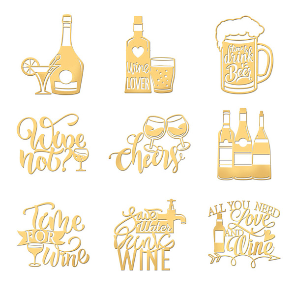 

PandaHall OLYCRAFT 9pcs 1.6x1.6 Inch Wine Theme Stickers Bottle Stickers Self Adhesive Gold Metal Stickers Cheers Text Theme Metal Stickers...