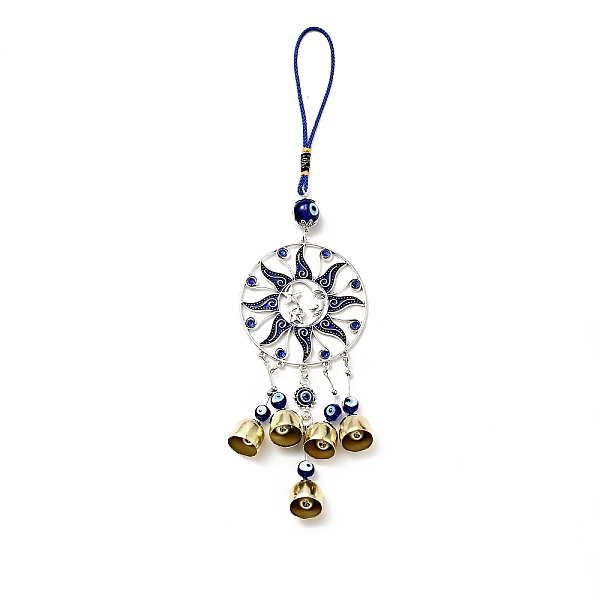 

PandaHall Sun Moon Star Wind Chimes, Handmade Lampwork & Alloy & Resin Evil Eye Hanging Ornaments, Antique Silver & Golden, 329mm Alloy