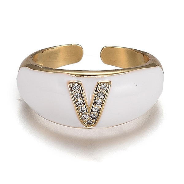 PandaHall Brass Micro Pave Clear Cubic Zirconia Cuff Rings, Open Rings, with Enamel, Cadmium Free & Lead Free, Golden, Letter. V, US Size 7
