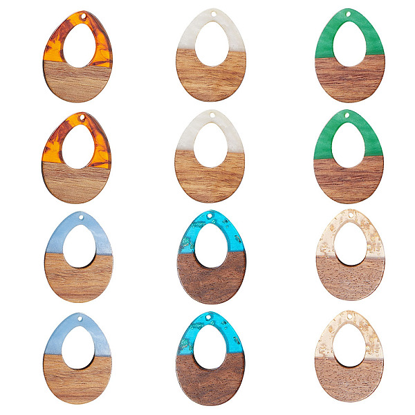

PandaHall Transparent and Opaque Resin & Walnut Wood Pendants, Teardrop, Mixed Color, 37.5x28x3mm, Hole: 2mm, 6 colors, 2pcs/color..., Multicolor