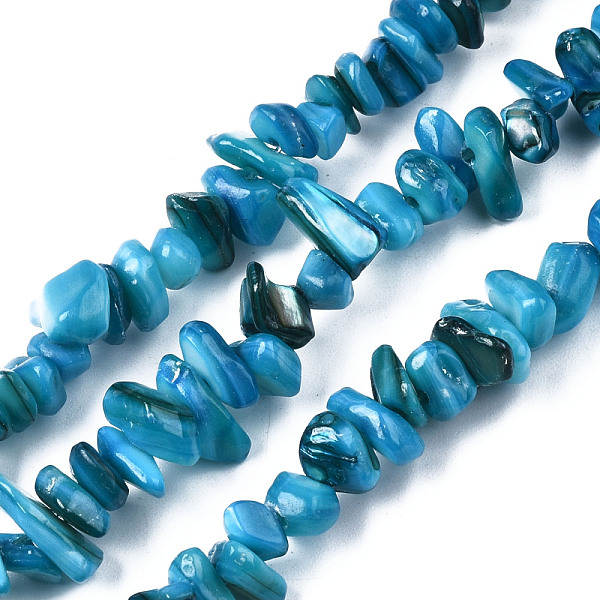 

PandaHall Natural Freshwater Shell Beads Strands, Dyed, Chips, Deep Sky Blue, 2~6x4~14x4.5~8.5mm, Hole: 0.7~0.8mm, about 258~292pcs/strand...