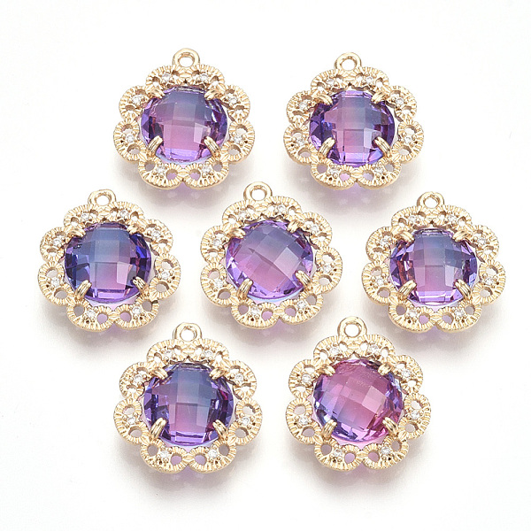 

PandaHall Brass Pendants, with Faceted Glass and Clear Rhinestone, Flower, Golden, Orchid, 18x16.5x6mm, Hole: 1.2mm Brass+Glass Flower..., Purple