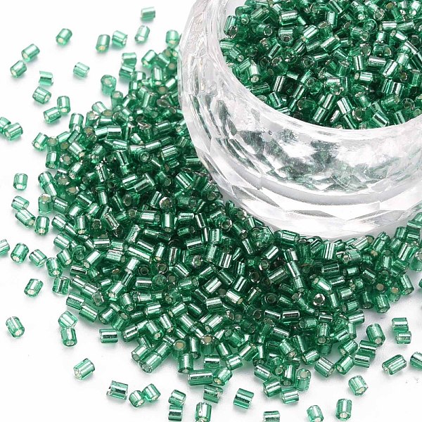 

PandaHall Glass Bugle Beads, Silver Lined, Sea Green, 1.8~2.2x1.8~2mm, Hole: 0.8~0.9mm, about 15000pcs/pound Glass