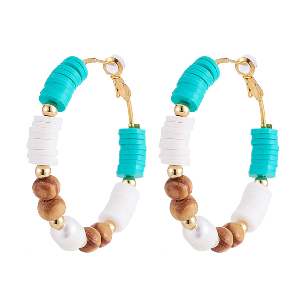 

PandaHall Brass Heishi Beaded Hoop Earrings, with Wood Beads, Natural Pearl Beads, Plastic Ear Nuts and Golden Plated Brass Beads, Cyan...
