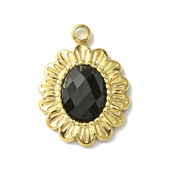 

PandaHall Ion Plating(IP) Real 14K Gold Plated 304 Stainless Steel with Glass Pendant, Oval Flower Charms, Black, 18x13x3.5mm, Hole: 1.6mm...