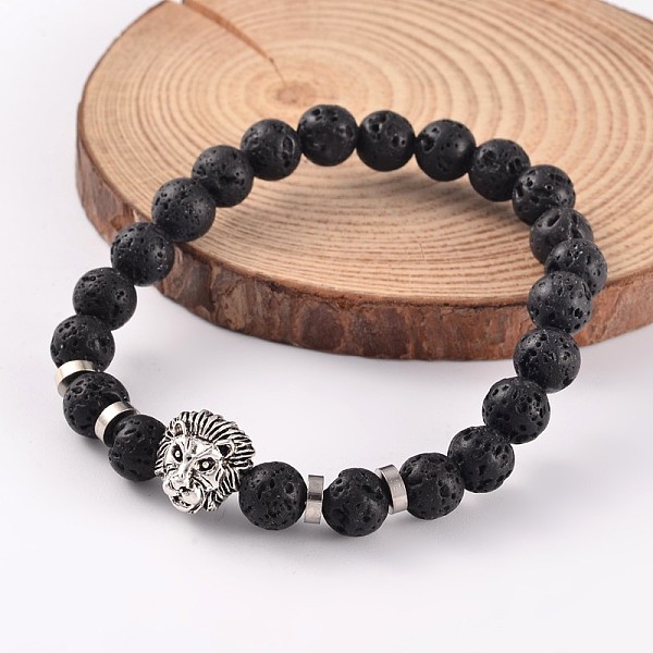 

PandaHall Natural Lava Rock Stretch Bracelets, with Lion Alloy Beads and Brass Findings, Antique Silver, 59mm Lava Rock