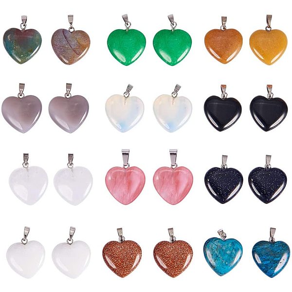 

PandaHall Heart Natural Gemstone Pendant Sets, with Platinum Tone Brass Findings, 20~22x20~21x5~8mm, Hole: 2x7mm Mixed Stone Heart