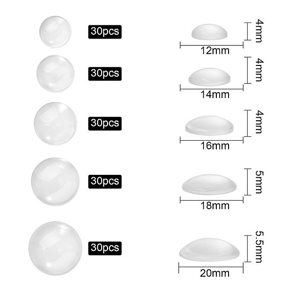 150 Stück 5 Arten Transparente Glascabochons